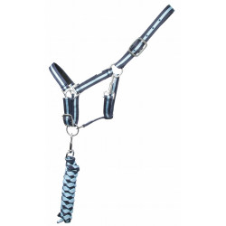 Synthetisches Halfter mit Futter + Amerikanischer geflochtener Führstrick T de T Marine / Himmelblau