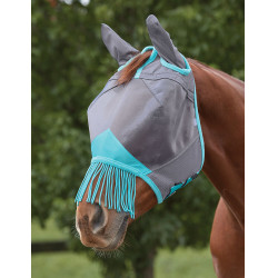 Weatherbeeta ComFiTec Deluxe Mesh Fliegenmaske mit Ohren und Fransen Grau / Türkis