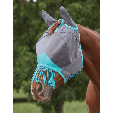 Weatherbeeta ComFiTec Deluxe Mesh Fliegenmaske mit Ohren und Fransen Grau / Türkis