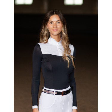 Turnier-Poloshirt Equestrian Stockholm Revenew Langarm Damen Dunkler Ozean
