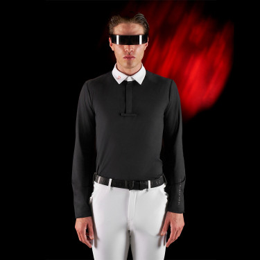 Wettkampf-Poloshirt Herren Equestro Ridertechnology mit langen Ärmeln und Knöpfen Schwarz