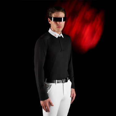 Wettkampf-Poloshirt Herren Equestro Ridertechnology mit langen Ärmeln und Knöpfen Schwarz