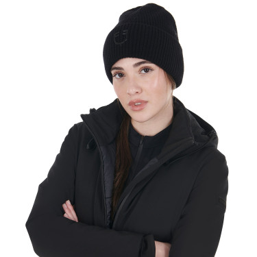 Unisex-Mütze Equestro aus gerippter Wolle mit Logo Schwarz