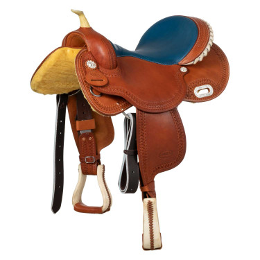 Selle Pool's 5020 mit Rohledersitz in blauer Farbe für Barrel. Cognac Braun