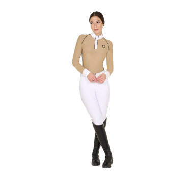 Wettkampf-Poloshirt Damen Langarm mit Mesh-Einsätzen Equestro Beige Wettkampf-Poloshirt Damen Langarm mit Mesh-Einsätzen Equestro Beige