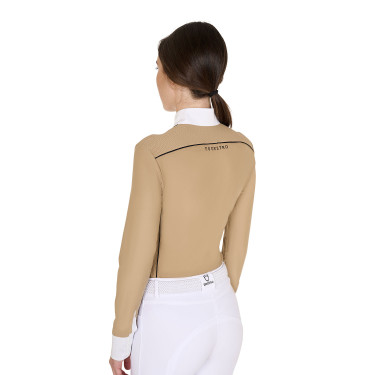 Wettkampf-Poloshirt Damen Langarm mit Mesh-Einsätzen Equestro Beige Wettkampf-Poloshirt Damen Langarm mit Mesh-Einsätzen Equestro Beige