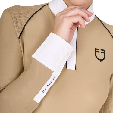 Wettkampf-Poloshirt Damen Langarm mit Mesh-Einsätzen Equestro Beige Wettkampf-Poloshirt Damen Langarm mit Mesh-Einsätzen Equestro Beige