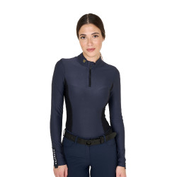 Damen-Trainings-Tech-Poloshirt Langarm Equestro Marineblazer Marineblau