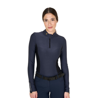 Damen-Trainings-Tech-Poloshirt Langarm Equestro Marineblazer Marineblau