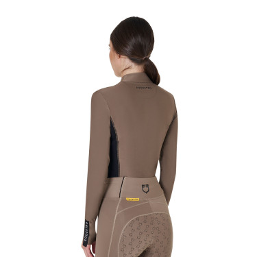 Damen-Trainings-Tech-Poloshirt Langarm Equestro Walnuss Braun