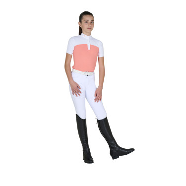 Mädchen-Turnierpolo mit kurzen Ärmeln und Knöpfen mit Mesh Equestro Wüstenblume Rosa