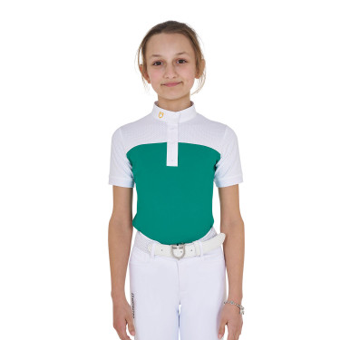 Mädchen-Turnierpolo mit kurzen Ärmeln und Knöpfen mit Mesh Equestro Überseeblau Gr&uuml;n
