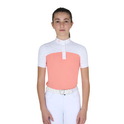 Mädchen-Turnierpolo mit kurzen Ärmeln und Knöpfen mit Mesh Equestro Wüstenblume Rosa