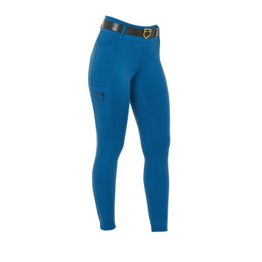 Damen-Leggings Equestro mit hoher Taille und Gürtelschlaufen Korallenblau