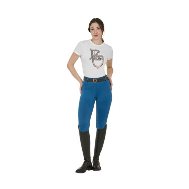 Damen-Leggings Equestro mit hoher Taille und Gürtelschlaufen Korallenblau