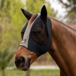 Zweifarbige Equestro Fliegenmaske aus Mesh Anthrazit / graues Flanell