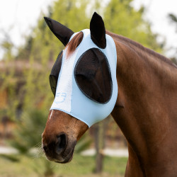 Zweifarbige Equestro Fliegenmaske aus Mesh Nabelwurz / glänzendes Weiß