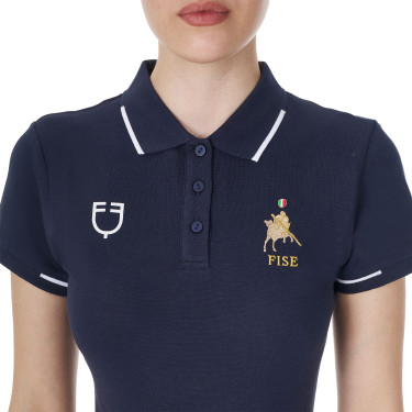 Damen-Trainingspolo Equestro x FISE, drei Knöpfe, kurzärmelig Marineblazer Marineblau