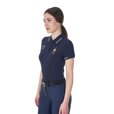 Damen-Trainingspolo Equestro x FISE, drei Knöpfe, kurzärmelig Marineblazer Marineblau