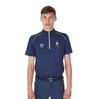 Herren-Trainingspolo Equestro x FISE mit Reißverschluss, italienische Flagge, Kurzarm Marineblazer Marineblau