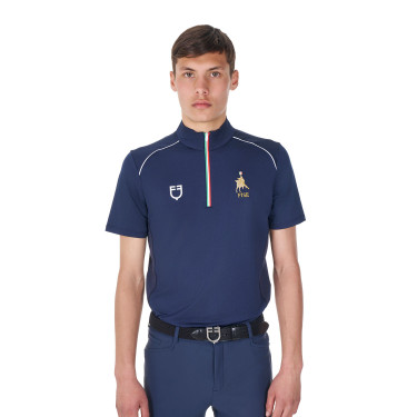 Herren-Trainingspolo Equestro x FISE mit Reißverschluss, italienische Flagge, Kurzarm Marineblazer Marineblau