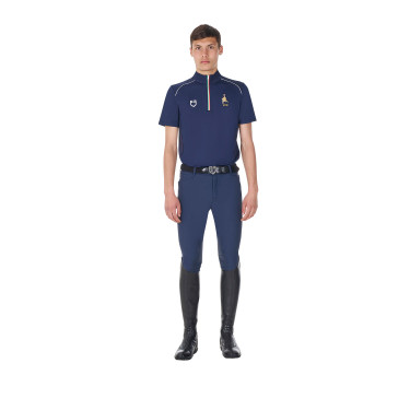 Herren-Trainingspolo Equestro x FISE mit Reißverschluss, italienische Flagge, Kurzarm Marineblazer Marineblau