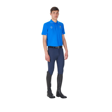 Trainingspolo Herren Equestro x FISE, drei Knöpfe, kurzärmelig Blau aus Savoyen