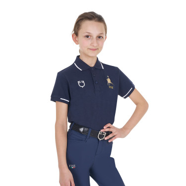 Unisex Kinder-Poloshirt Equestro x FISE aus technischem Stoff mit kurzen Ärmeln Marineblazer Marineblau