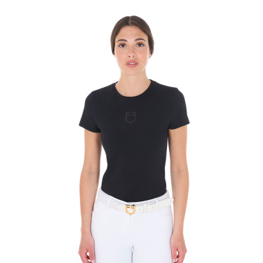 Damen-T-Shirt Equestro Basic Ton-in-Ton-Logo kurzärmlig Schwarz