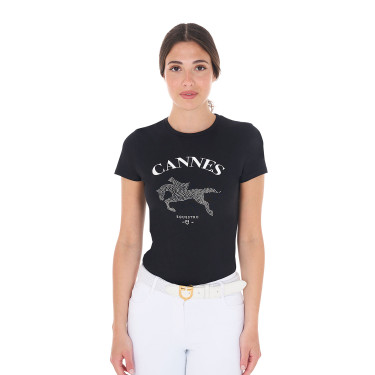 Damen-T-Shirt Equestro Cannes aus Baumwolle mit Strass, kurzärmlig Schwarz