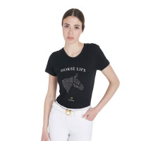 Damen-T-Shirt Equestro Slim-Fit Horse Life mit Strass, kurze Ärmel Schwarz