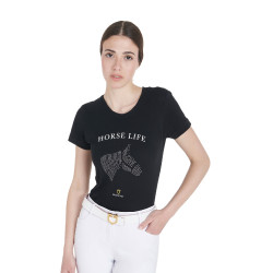 Damen-T-Shirt Equestro Slim-Fit Horse Life mit Strass, kurze Ärmel Schwarz