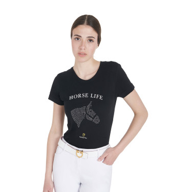 Damen-T-Shirt Equestro Slim-Fit Horse Life mit Strass, kurze Ärmel Schwarz