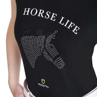 Damen-T-Shirt Equestro Slim-Fit Horse Life mit Strass, kurze Ärmel Schwarz