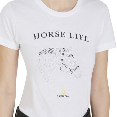 Damen-T-Shirt Equestro Slim-Fit Horse Life mit Strass, kurze Ärmel Weiß Weiß