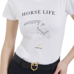 Damen-T-Shirt Equestro Slim-Fit Horse Life mit Strass, kurze Ärmel Weiß Weiß