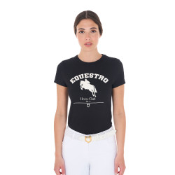 Damen-T-Shirt Equestro Jumping Horse Club aus Baumwolle, kurzärmlig Schwarz