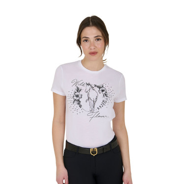 Damen-T-Shirt Equestro Wild Flower aus Baumwolle mit kurzen Ärmeln Weiß Weiß Damen-T-Shirt Equestro Wild Flower aus Baumwolle mit kurzen Ärmeln Weiß Weiß