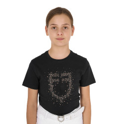Mädchen-T-Shirt Equestro Slim-Fit mit roséfarbenem Glitzerlogo, kurzärmlig Schwarz