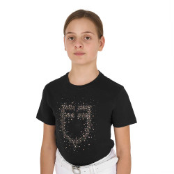 Mädchen-T-Shirt Equestro Slim-Fit mit roséfarbenem Glitzerlogo, kurzärmlig Schwarz