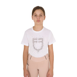 Mädchen-T-Shirt Equestro Slim-Fit mit roséfarbenem Glitzerlogo, kurzärmlig Weiß Wei&amp;szlig;