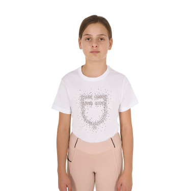 Mädchen-T-Shirt Equestro Slim-Fit mit roséfarbenem Glitzerlogo, kurzärmlig Weiß Wei&amp;szlig;