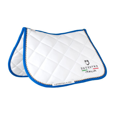 Equestro x FISE Springschabracke mit italienischer Flaggenpaspel Weiß / Savoyer Blau Wei&amp;szlig;