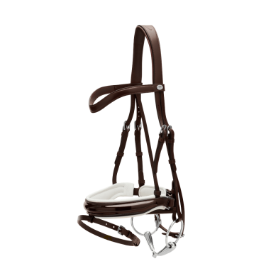 Trense Working by Dy'on Kombinierte Reithalfter Breit Lackiert Weiße Unterlegung Braun