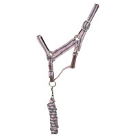 Synthetisches Halfter mit Futter + Amerikanischer geflochtener Führstrick T de T Grau / Rosa