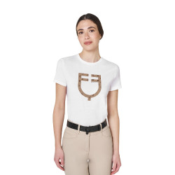Damen-T-Shirt mit Monogramm-Logo in Samtoptik Equestro Damen-T-Shirt mit Monogramm-Logo in Samtoptik Equestro