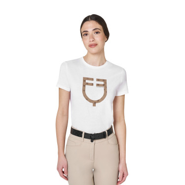 Damen-T-Shirt mit Monogramm-Logo in Samtoptik Equestro Damen-T-Shirt mit Monogramm-Logo in Samtoptik Equestro